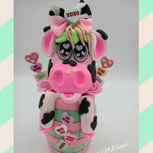 Valentine Cow Decor, Farmhouse Cow Figurine in Barrel, Whimsical Valentine